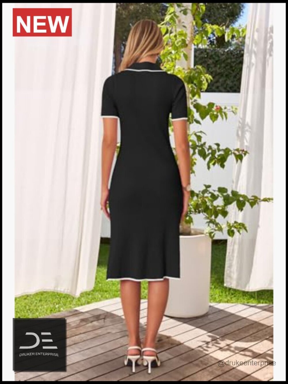 Ribbed Knit Midi Dress Short Sleeve V Neck Button Bodycon - Picture 3 of 7